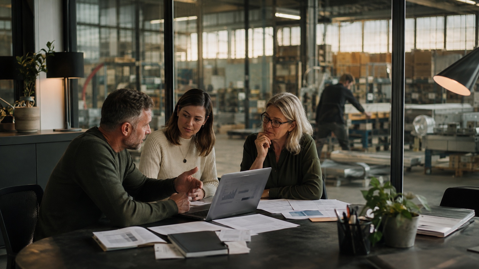 Three colleagues review receivables together in a finance office overlooking a working warehouse