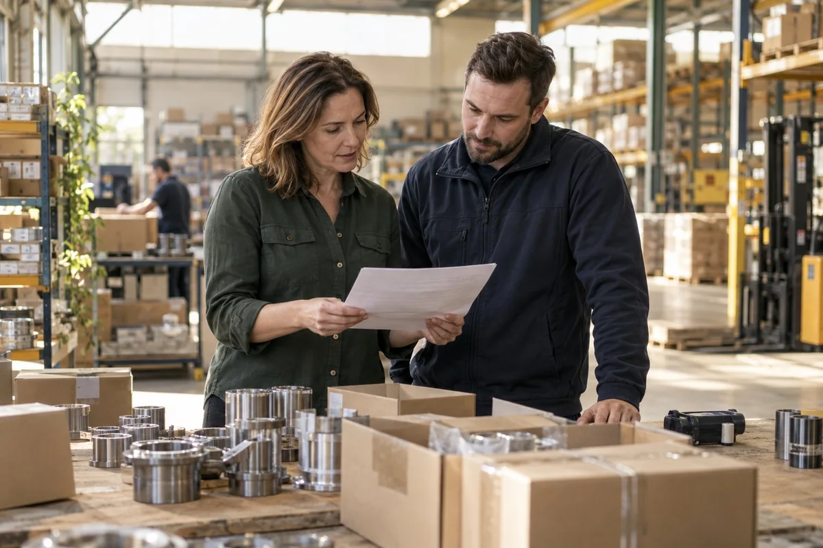 A business owner and supplier review an order beside packed goods and components in a warehouse