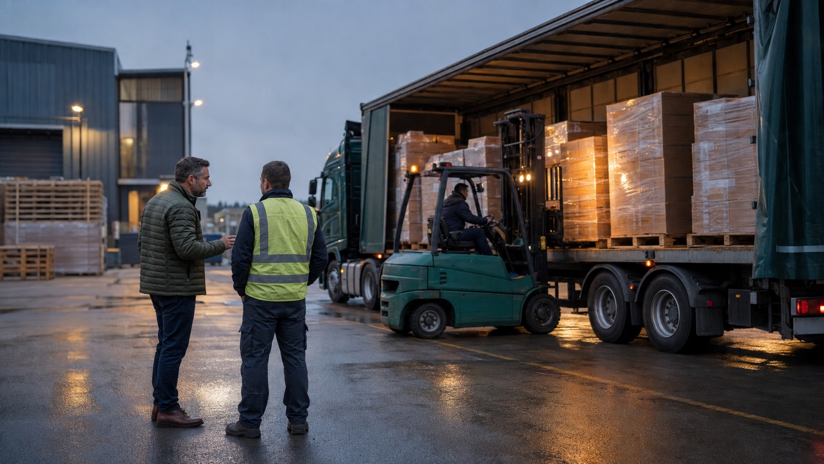 Two operations managers oversee palletised goods being unloaded from an articulated lorry in a European distribution yard