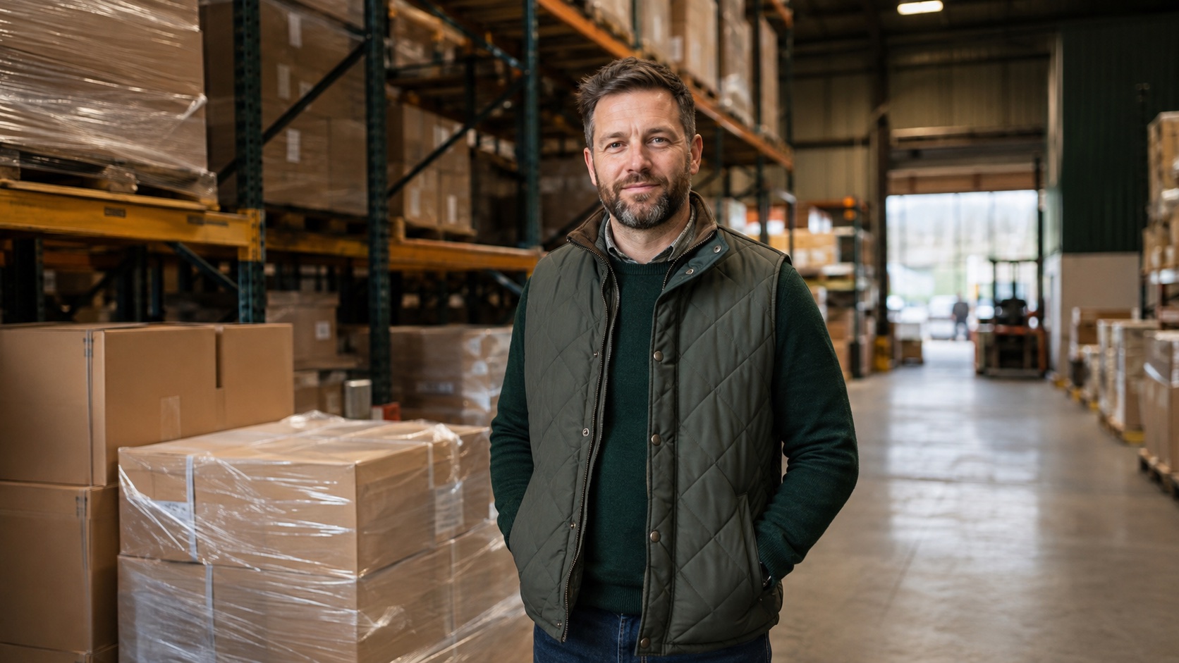 A business owner standing in an active warehouse